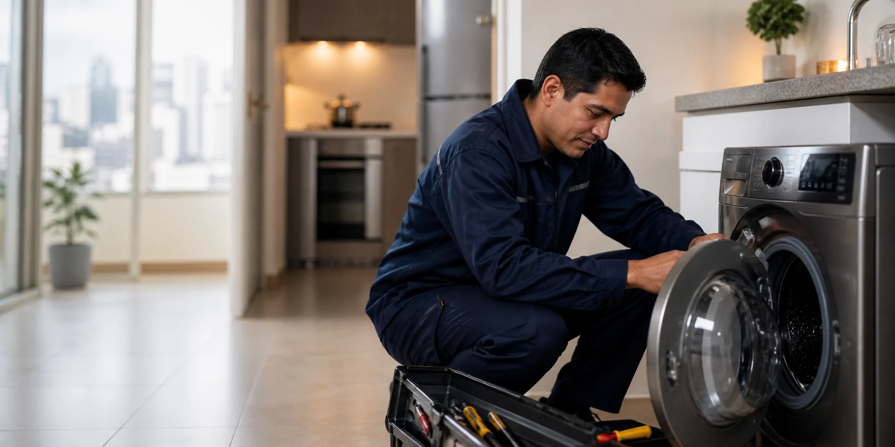 Servicio técnico de electrodomésticos a domicilio en Lima Técnico independiente revisando una lavadora a domicilio en Lima